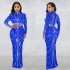 C6028 Cross border AliExpress Amazon Europe and America Fashion Women's Wear Mesh Hot Diamond Perspective Long Sleeve Long Skirt Two Piece Set