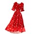 Spring and summer female French niche love pattern V-neck short sleeved waist goddess temperament knee high swing long skirt dress