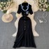 Autumn and winter small fragrance style socialite short sleeved contrasting embroidery suit collar, waist cinching slimming single breasted A-line knitted dress