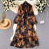 French retro light mature style bow tie lantern long sleeved print cinched waist slimming temperament chiffon dress trendy