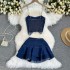 American style spicy girl denim suit pure desire style chain sling strapless denim top+high waisted A-line ruffled skirt