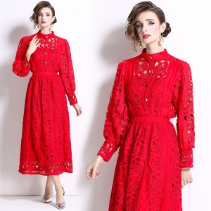 2024 in stock new French style slim fit high waist hollow skirt cardigan embroidered shirt two-piece set