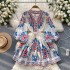 Bohemian vacation style printed dress for women with a high-end feel, lantern sleeves, loose straps, waist cinching, age reducing fairy dress