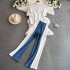 Chic Hong Kong style set, women's design style short sleeved T-shirt, spliced denim top+high waisted casual straight leg pants two-piece set