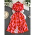 French style socialite print dress 2024 summer new item niche design waist cinching slimming mid length skirt