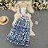 Summer Blue and White Porcelain Printed Set for Women, Three Dimensional with Chest Cushion, Short Style strapless Strap, and Two Piece pleated Skirt Set