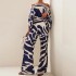 Cross border Autumn New European and American Women's Printed Round Neck Loose Bat Sleeve Waist Wide Leg Pants Fashion Casual Set