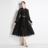 Spring and Autumn New Collar Heavy Industry Hook Flower Hollow French Lace Dress, Female Sexy Big Swing Over Knee Long Dress