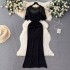 Korean chic niche retro hollow hook flower knitted suit for women, slim fit and slimming temperament, including buttocks and fish tail dress