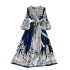 Spring and Autumn clothing new retro printed lantern sleeves V-neck temperament cinched waist slimming dress, women's ethnic style long skirt trend