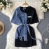 Round neck denim patchwork dress, women's text message, summer waist cinching, slimming, medium to long, irregular European and American T-shirt skirt