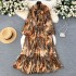 French retro light mature style bow tie lantern long sleeved print cinched waist slimming temperament chiffon dress trendy