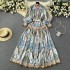 High end retro palace style heavy industry printed dress for women in spring and autumn, new French style waist cinching long skirt