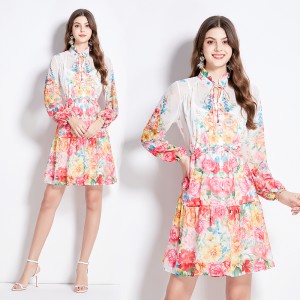 Original Spot | 2024 Spring New Fresh Flower Ear Edge Standing Collar Lantern Sleeve Printed Dress