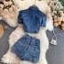 Hong Kong style fashion lapel heart machine hollow short sleeved denim top women's high waist strap hot pants short two-piece set