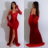 C6801 Cross border AliExpress Amazon Europe and America Fashion Women's Wear Solid Color Hanging Neck Split Sexy Long Dress