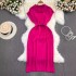 2023 Summer French Retro Style Polo Collar Loose Waist Strap A-line Knitted Dress Casual Long Dress