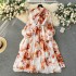 2024 early spring new French style bow collar, waist cinching and slimming mid length retro printed dress with temperament