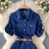 Light luxury socialite style high-end Polo collar denim dress, women's summer slit waistband design, niche temperament long skirt