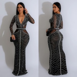 C6832 Cross border AliExpress Amazon European and American Fashion Women's Solid Color Mesh Hot Diamond Long Dress