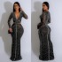 C6832 Cross border AliExpress Amazon European and American Fashion Women's Solid Color Mesh Hot Diamond Long Dress