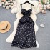 French high-end satin camisole dress for women's new design sense, drawstring tied high waist slimming polka dot dress