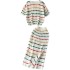 Korean Chic Retro Stripe Contrast Set Women's Loose Round Neck Short Sleeve Knitted Top High Waist Bag Hip Skirt