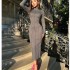 Cross border goods from Europe and America, 2023 autumn new fashion, solid color, tight fitting, hip hugging, long sleeved, temperament knitted women's dress