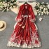 European and American retro palace style design with printed long, heavy-duty pleated bubble sleeve dress for spring and women's pleated skirt