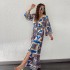 European and American Cross border Spot Women's Set 2024 New Fashionable Multi color Positioning Printed Top Split Wide Leg Pants Two Piece