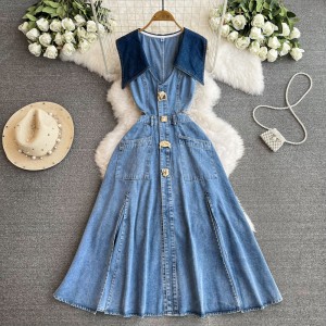 Color blocking hollow out waist exposed sleeveless denim dress for women in summer, with a slimming waist and a cool split denim long skirt