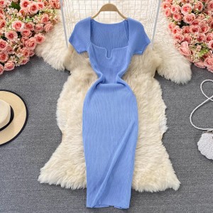 Tight fitting slimming square neck knitted dress short sleeved 2023 summer new style, sexy and spicy girl, hip hugging long skirt