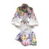 French court style spring outfit, women's design, printed stand up collar shirt, versatile wide leg shorts, fashionable two-piece set