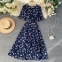 Spring and summer female French niche love pattern V-neck short sleeved waist goddess temperament knee high swing long skirt dress