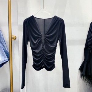 Spring and summer new niche fashion hem heavy pleated design elastic slim fit deep V long sleeved top C2 # 1115