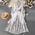 Spring and Autumn New Holiday Style Stand up Collar Lantern Sleeve Printed Dress for Women, with a Wide Waist and A-Shape Knee length Skirt