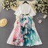 Light luxury retro temperament round neck short sleeved printed pleated dress for women with lace up and waist cinching temperament, grand and elegant long skirt