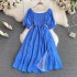 2023 summer new French gentle style sweet square neck bubble short sleeved waist slimming slit A-line dress