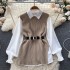 Light luxury socialite set women's loose long sleeved white shirt top+split knit vest vest vest two-piece set 0.4kg