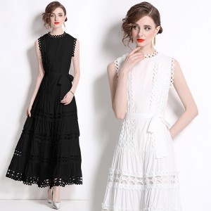 Real time spot elegant dress dress round neck sleeveless long lace hollow out dress