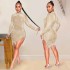 X5216 Cross border New Product European and American Sexy Nightclub Mesh Perspective Hot Diamond Bubble Bead Tassel Round Neck Long Sleeve Dress