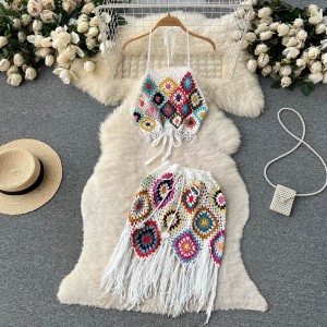 Spring and summer vacation ethnic style hook flower tassel knitted sweater set, women's hanging neck tie vest+short skirt two-piece set