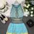 Spot summer temperament socialite vacation contrasting geometric grid hanging neck sleeveless vest suspender knitted dress