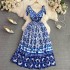 High end feeling, light luxury, retro palace style, V-neck, celadon print, waist cinching, slimming A-line dress, elegant suspender long dress