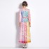 Real time spot spring clothing new ethnic style retro stand up collar lantern sleeves color blocked printed dress