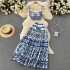 Summer Blue and White Porcelain Printed Set for Women, Three Dimensional with Chest Cushion, Short Style strapless Strap, and Two Piece pleated Skirt Set