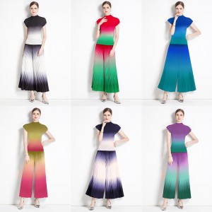 Miyake T-shirt new high-end pleated casual print niche loose and versatile wide leg pants