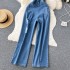 Harajuku retro style workwear jumpsuit jeans for women, loose and wide legs look slim, split and ripped, floor hugging, strapless, long pants