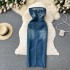 One shoulder strapless denim dress for women with spring and summer temperament, with a cinched waist, sexy slit, retro style, hip hugging skirt, trendy