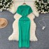 Mingyuan style knitted new high-end round neck single breasted short sleeved slim fit French medium length dress